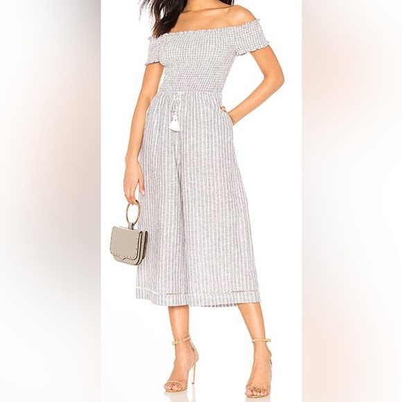 1 State Striped Smocked Off-The-Shoulder Jumpsuit - Size M - Picture 1 of 16